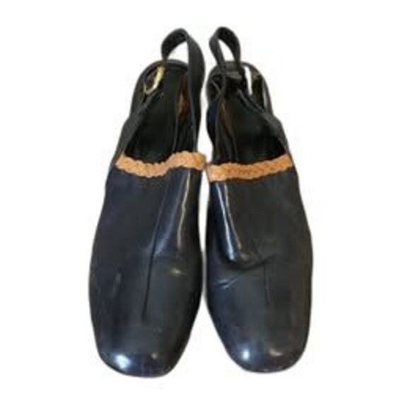 Vintage 60s 70s Navy Blue Pleather Slippers Size 6 1/2 with Tan Braid Trim - Picture 3 of 5